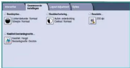 Interpretar Geemanende Installungen Layout Adjustment Options Bookopties... Lichterderkinder: Normal Scherpie: Normal Besidverbetaring... Autom. anderbetraging Contrast: Normal Resolutie... 200 dpi Kapital/bestandsgroove... Kapital: Hoogat Bestandsgroove: Grochte
