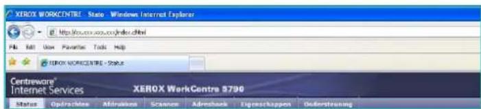 XEROX WORKCENTRE - State - Windows Internet Explorer http://www.xer.com/index.html File Edit View Favorites Tools Help XEROX WORKCENTRE - Status Centreware® Internet Services XEROX WorkCentre 9790 Status Opdrachtes Affinities Science Adrechen Eigoschappen Ondersteuning