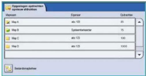 Oppeslagen opdrachten opnieuw afdrukken Mapraam Eigensar Opdrachten Map A abc 123 25 Map B Systembeheerder 75 Map C abc 123 100 Map D abc 123 1000 Bestandsnapbeher