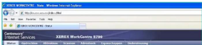 XEROX WORKCENTRE - State Windows Internet Explorer http://www.xerx.com/index.html File Edit View Favorites Tools Help XEROX WORKCENTRE - Status Centreware® Internet Services XEROX WorkCentre 9790 Status Opdrachten Aktivaikan Scannen Adresbock Eigenschappen Ondersteuning