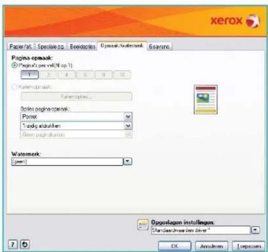 xerox Paper/alt | Specise pg | Beeldoclos | Opmaak/wafermark | Geavnsx Pagina-opmaak: ○ Pagina's per vel(N op 1): 1 2 3 4 5 6 7 8 ○ Kaferopmaak: Kateropties... Optos pagina-opmaak: Potitex Todig alduellen Geer paginlaktus Watermark: [geen] Opgerlagen instellingen: Standardvaarden driver * OK Annulien Upcursen