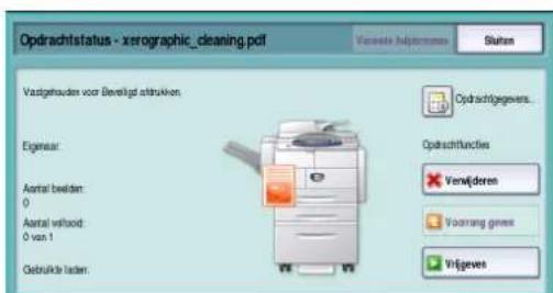 Opdrachtstatus - xerographic_cleaning.pdf Vastgehouden voor Beveligt strukken. Eigeneur: Aantal beiden: 0 Aantal winboid: 0 van 1 Gebruikte ladan: Vastgehouden voor Beveligt strukken. Opdrachtgegevens... Opdrachtfuncties Verwijderen Voortrang gnees Vrijgeves