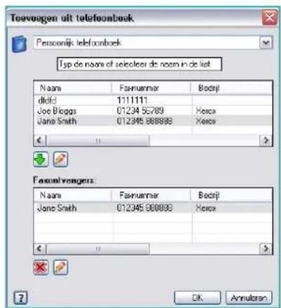 Toevangen uit telefoonbook Persoennijk telefoonbook Tsp de namn of selekter de namn in de list Name Faxnummer Bodrij dido# 1111111 Joe Blogs 01234 56789 Xerox Jane Smith 012345 888888 Xerox Faxenl voengers: Name Faxnummer Bodrij Jane Smith 012345 888888 Xerox OK Annularen
