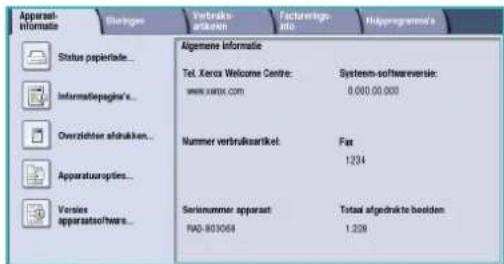 Apparasi- informatie Status papierlade... Informapiapagins... Oversichter aftshakken... Apparaturopfries... Versies apparatsio/thers... Verkene Informatie Tel. Kerox Welcome Centre: www.xerox.com Nummer vertrutsartikel: Fax 1234 Serienummer apparat RAD-803068 Total afgedrakte boorden 1.228