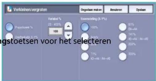 Verkleinen vergroten Ongedaan maken Annularen Opsaan Variable % 05 - 400% 100 Everskasting (X-7%) 100% 81% (II→A4) 141% (A5→A4 / A4→A3) 200% T1% (CI→A4 / A4→A3) 301% gstoetsen voor het selecteren