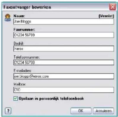 Faxontvanger bewerken Name: (Vereit) Joe Bbpgs Faxnummer: 01234 56789 Dedrij: Xerox Telefoonrunies: 01234 56789 E-mailades: Joe.blogs@xerox.com Mailbox: 010 Opelaan in persoonlijk telefoonbook ? OK Annularen
