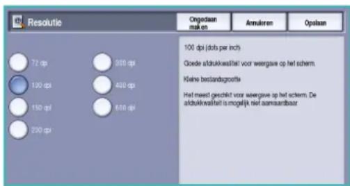 Resolution 72 dpi 900 dpi 100 dpi 400 dpi 150 dpi 600 dpi 200 dpi Ongestaan maken Annularen Opsaan 100 dpi (dots per inch) Goede aldukwaalat voor weergave op het schem. Kleine bestandsgroofte Het meest geschelt voor weergave op het schem. De aldukwaalat is mogelijk niet aanlaarbaar