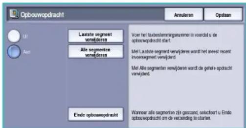 Opbouwopdracht Amuleren Opsaan U1 Aut Lastalte segment verwijderen Voor het faasbestlemingsnummer in voordat u de opbouwopdracht start. Met Lastalte-segment verwijderen wordt het meest recent invertsegment verwijderd. Met Alle segmenten verwijderen wordt de gehele opdracht verwijderd. Einde opbouwopdracht Warmeer alle segmenten zijn gassand, selecterl u Ende opbouwopdracht om de verzending te starten.
