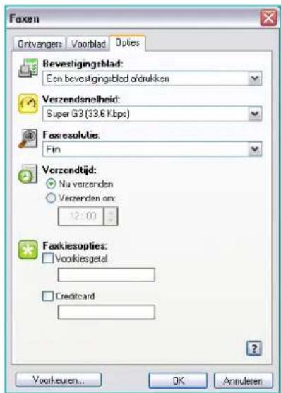 Faxen Ortvingers: Voorblad Options Bevestigingsblad: Eon bevestigingsblod ofdrukken Verzendsnelheid: Super G3 (33.6 Kbps) Faxesolutie: Fin Verzendtijd: Nu verzenden Verzenden on: 12:00 Faxkiesopties: Voorkiesgetal Creditcard ? Voorleuren... OK Annulieren