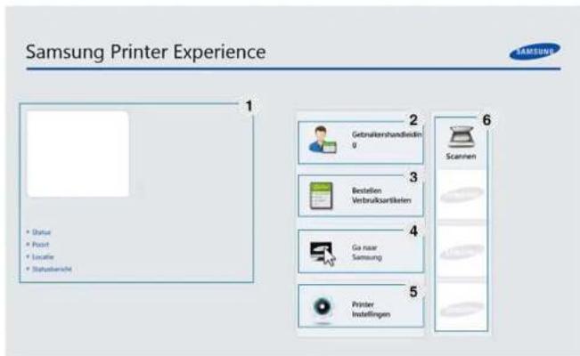 Samsung Printer Experience 1 • Status • Point • Localie • Statusrecht 2 Gebruikenhandeldding 3 Bestellen Verbruiksartikaten 4 Go naar Samsung 5 Printer Installungen 6 Scanven