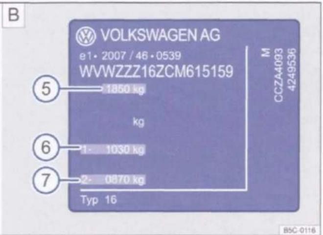B VOLKSWAGEN AG e1·2007/46·0539 WVWZZZ16ZCM615159 M CCZA4093 4249536 ⑤ 1850 kg kg ⑥ 1- 1030 kg ⑦ 2- 0870 kg Typ 16 B5C-0116
