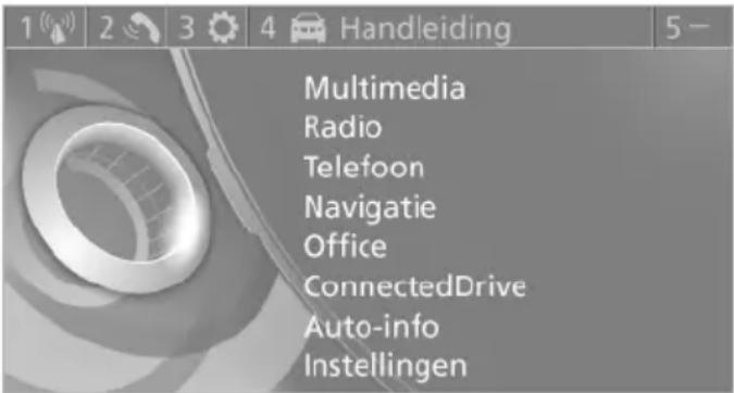 1 2 3 4 Handleiding 5 - Multimedia Radio Telefoon Navigatie Office ConnectedDrive Auto-info Instellingen