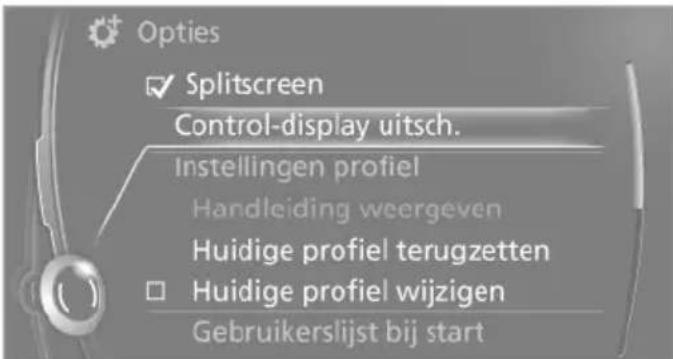 Options ✓ Splitscreen Control-display uitsch. Instellingen profiel Handleiding weergeven Huidige profiel terugzetten ☐ Huidige profiel wijzigen Gebruikerslijst bij start