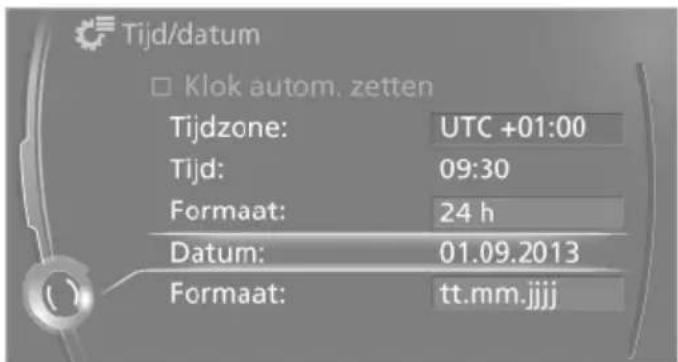 Tijd/datum □ Klok autom. zetten Tijdzone: UTC +01:00 Tijd: 09:30 Formaat: 24 h Datum: 01.09.2013 Formaat: tt.mm.jjjj