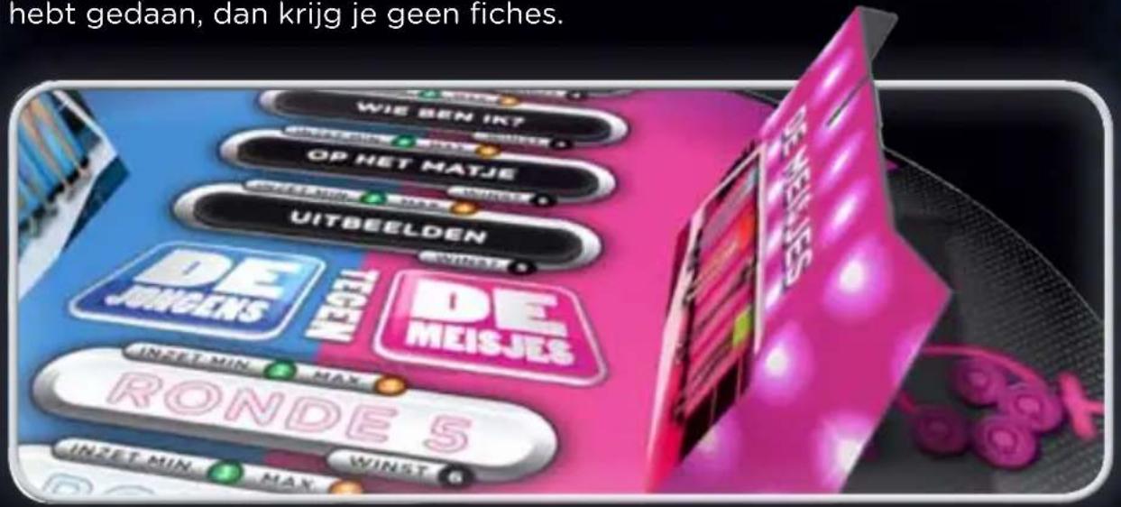 hebt gedaan, dan krijg je geen fiches. WIE BEN IKT OP HET MATJE UITBEELDEN DE JONGENS DE MEIS-JES RONDE 5 INZET-MIN WINST