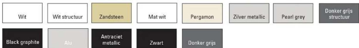 Wit Wit structuur Zandsteen Mat wit Pergamon Zilver metallic Pearl grey Donker grijs structuur Black graphite Alu Antraciet metallic Zwart Donker grijs