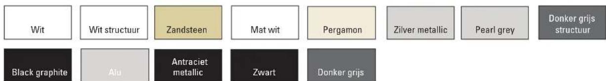 Wit Wit structuur Zandsteen Mat wit Pergamon Zilver metallic Pearl grey Donker grijs structuur Black graphite Alu Antraciet metallic Zwart Donker grijs