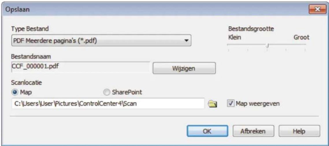 Opslaan Type Bestand PDF Meerdere pagina's (*.pdf) Bestandsnaam CCF_000001.pdf Wijzigen Scanlocatie Map SharePoint C:\Users\User\Pictures\ControlCenter4\Scan Bestandsgrootte Klein Groot Map weergeven OK Afbreken Help