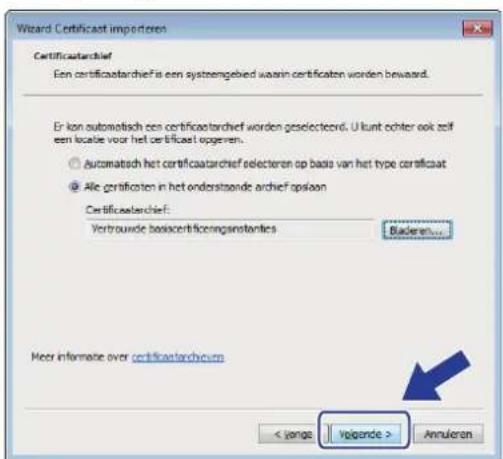 Wizard Certificat importeren Certificatarchief Een certificatarchief is een systemgebied waarin certificaten worden bewaard. Er kon automatisch een certificatarchief worden geselecteerd. U kunt echter ook zelf een locale voor het certificat opgeven. ● Automatisch het certificatarchief selecteren op basis van het type certificaat ● Alle certificaten in het onderstande archief opiaan Certificatarchief: Vertrouwde basiccertificationsinstanties Baderen... Meer informare over certificatarchiefum < jangs: Volgende > Annuleren