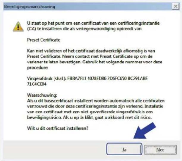 Beveligingswaarschuwing U staat op het punt om een certificaat van een certificeringsinstantie (CA) te installeren die als vertegenwoordiging optreedt van Preset Certificate Kan niet valideren of het certificaat daadwerkelijk afkomstig is van Preset Certificate. Neem contact met Preset Certificate op om de verlener te laten bevestigen. Gebruik het volgende nummer voor deze procedure: Vingerafdruk (sha1): FBBA7F11 4078EDB6 2D6FC650 BC291ABE 71C4CE04 Waarschuwing: Als u dit basiscertificaat installeert worden automatisch alle certificaten vertrouwd die door deze certificeringsinstantie zijn verleend. Installatie van een certificaat met een niet-geverifierde vingerafdruk is een beveiligingsrisico. Als u op Ja klikt, gaat u akkoord met dit risico. Wilt u dit certificaat installeren? Ja Nee