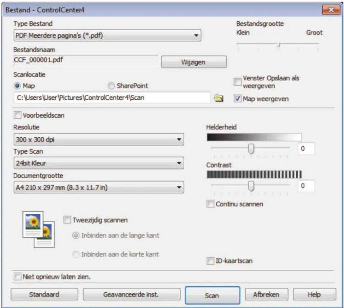Bestand - ControlCenter4 Type Bestand PDF Meerdere pagina's (*.pdf) Bestandsnaam CCF_000001.pdf Wijzigen Scanlocatie Map SharePoint C:\Users\User\Pictures\ControlCenter4\Scan Voorbeeldscan Resolutie 300 x 300 dpi Type Scan 24bit Kleur Documentgrootte A4 210 x 297 mm (8.3 x 11.7 in) Helderheid Contrast Continu scannen Tweezijdig scannen Inbinden aan de lange kant Inbinden aan de korte kant ID-kaartscan Niet opnieuw laten zien. Standaard Geavanceerde inst. Scan Afbreken Help Bestandsgrootte Klein Groot