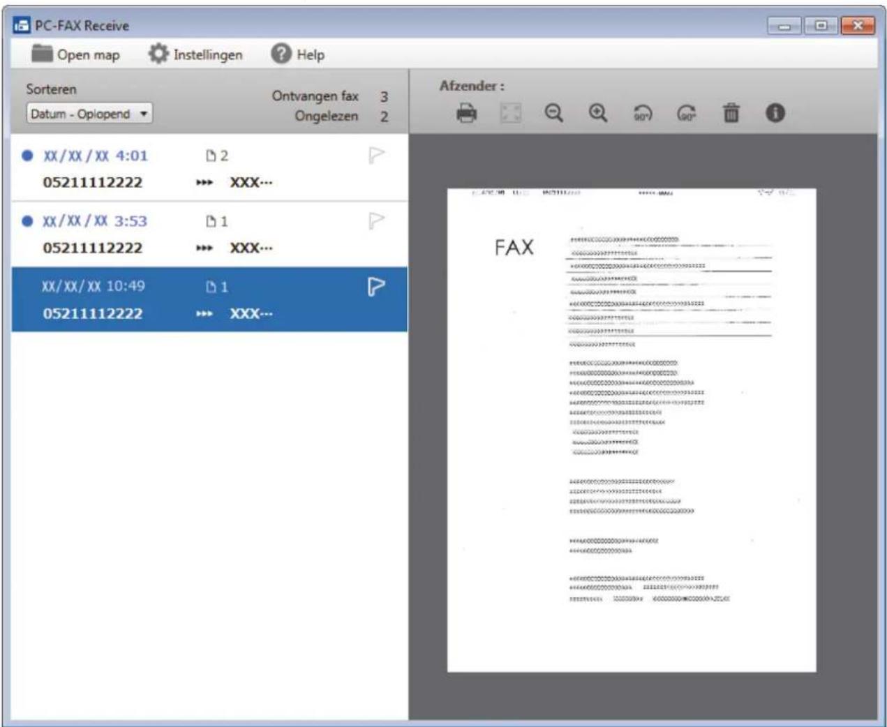 PC-FAX Receive Open map Instellingen Help Sorteren Ontvangen fax 3 Datum - Opiopend Ongelezen 2 Affzender : FAX 05211112222 XX/XX/XX 4:01 05211112222 XX/XX/XX 3:53 05211112222 XX/XX/XX 10:49 05211112222 2 XXX... 1 XXX... 1 XXX...