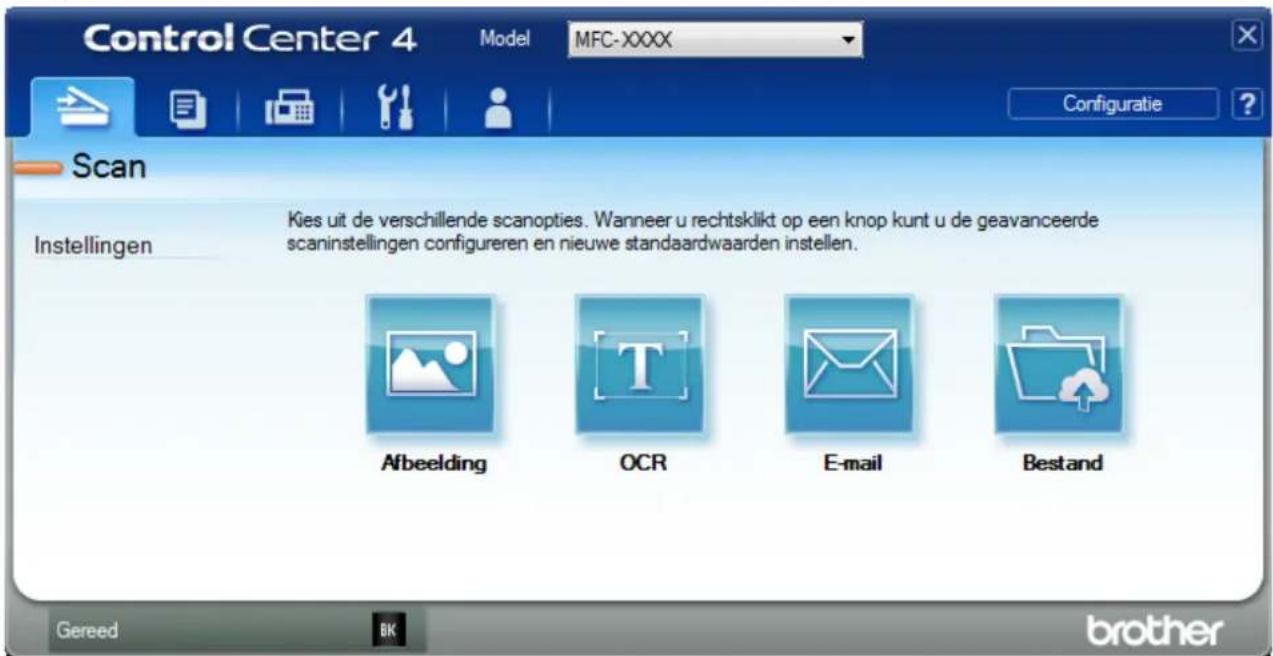 Control Center 4 Model MFC-XXXX Configuratie ? Scan Instellingen Kies uit de verschillende scanopties. Wanneer u rechtsklikt op een knop kunt u de geavanceerde scaninstellingen configureren en nieuwe standaardwaarden instellen. Afbeelding OCR E-mail Bestand Gereed BK brother