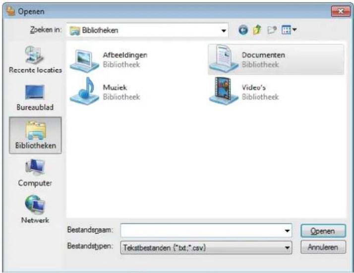 Openen Zoeken in: Bibliotheken Recente locatics Bureaublad Bibliotheken Computer Netwerk Afbeeldingen Bibliothek Muziek Bibliothek Documenten Bibliothek Video's Bibliothek Bestandsgaam: Bestandstypen: Tekstbestanden ("txt;*.csv) Openen Annuleren