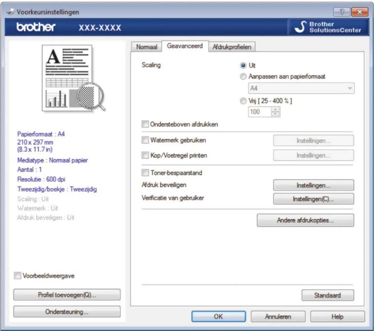 Voorkeursinstellingen brother XXX-XXXX Brother SolutionsCenter Nomaal Geavanceerd Afdrukprofielen Papierformaat : A4 210 x 297 mm (8.3 x 11.7 in) Mediatype : Normaal papier Aantal : 1 Resolutie : 600 dpi Tweezijdig/boekje : Tweezijdig Scaling : Uit Watermerk : Uit Afdruk beveiligen : Uit Voorbeeldweergave Profiel toevoegen(Q)... Ondersteuning... Scaling Uit Aanpassen aan papierformaat A4 Vrij [ 25 - 400 % ] 100 Ondersteboven afdrukken Watermerk gebruiken Instellingen... Kop/Voetregel printen Instellingen... Toner-bespaarstand Afdruk beveiligen Instellingen... Verificatie van gebruiker Instellingen(C)... Andere afdrukopties... Standaard OK Annuleren Help