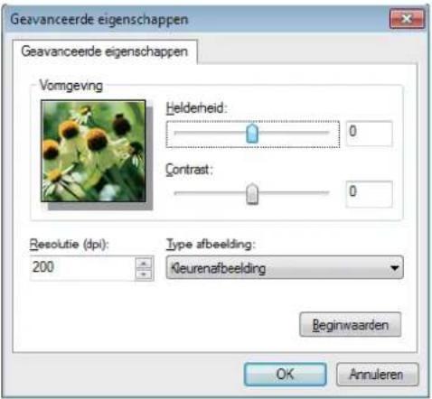 Geavanceerde eigenschappen Geavanceerde eigenschappen Vormgeving Helderheid: 0 Contrast: 0 Resolutie (dpi): 200 Type afbeelding: Kleurenafbeelding Beginwaarden OK Annuleren
