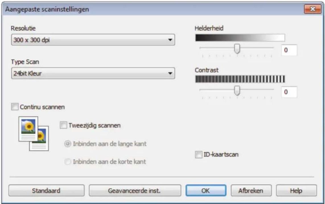 Aangepaste scaninstellingen Resolutie 300 x 300 dpi Type Scan 24bit Kleur Helderheid Contrast Continu scannen Tweezijdig scannen Inbinden aan de lange kant Inbinden aan de korte kant ID-kaartscan Standaard Geavanceerde inst. OK Afbreken Help