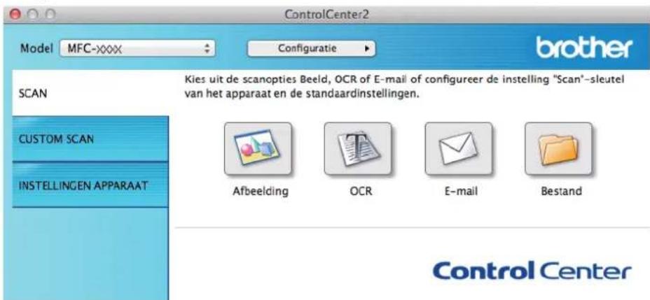 ControlCenter2 Model MFC-xxxx Configuratie brother SCAN Kies uit de scanopties Beeld, OCR of E-mail of configureer de instelling "Scan"-sleutel van het apparaat en de standaardinstellingen. CUSTOM SCAN INSTELLINGEN APPARAAT Afbeelding OCR E-mail Bestand Control Center
