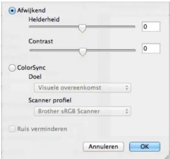 Afwijkend Helderheid 0 Contrast 0 ColorSync Doel Visuele overeenkomst Scanner profiel Brother sRGB Scanner Ruis verminderen Annuleren OK