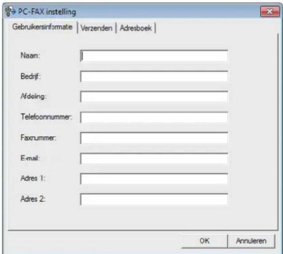 PC-FAX instelling Gebruikersinformate | Verzenden | Adresboek | Naan: Bedrijf: Afdeling: Telefoonnummer: Faxnummer: E-mail: Adres 1: Adres 2: OK Annuleren