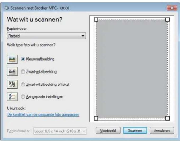 Scannen met Brother MFC - XXXX Wat wilt u scannen? Epiornvoer: Flatbed Welk type foto wilt u scannen? Kleurenafbeelding Zwart-witabeelding Zwart-witabeelding of teket Aangepaste instellingen U kunt ook: De kwaliteit van de gescande foto aanpassen Páginaformaat: Legal: 8,5 x 14 inch (216 x 35 Voorbeeld Scannen Annuleren