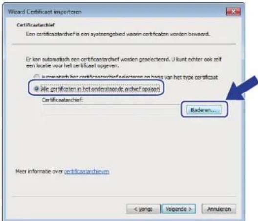 Wizard Certificat importeren Certificatarchief Een certificatarchief is een systeengelied waarin certificaten worden bewaard. Er kon automatisch een certificatarchief worden geselecteend. U kunt echter ook zelf een locable voor het certificat opgeven. ○ Automatisch het certificatarchief is opteraan en hags van het type certificaat ● Alle certificaten in het onderstande archief opgraars Certificatarchief: Baderen... Meer informatie over certificatarchiefen < varge Volgende > Annulero
