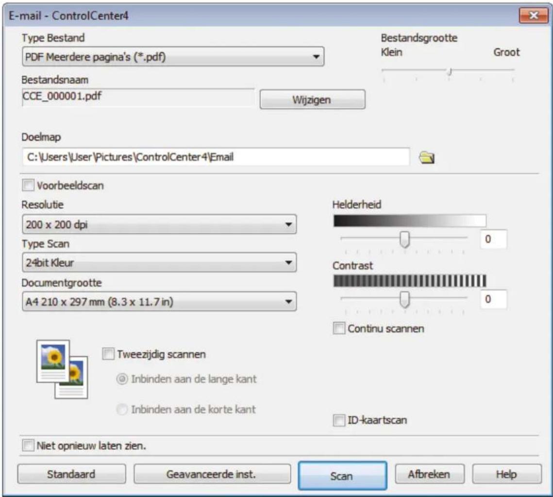 E-mail - ControlCenter4 Type Bestand PDF Meerdere pagina's (*.pdf) Bestandsnaam CCE_000001.pdf Wijzigen Doelmap C:\Users\User\Pictures\ControlCenter4 Electron Voorbeeldscan Resolutie 200 x 200 dpi Type Scan 24bit Kleur Documentgrootte A4 210 x 297 mm (8.3 x 11.7 in) Helderheid Contrast Continu scannen Tweezijdig scannen Inbinden aan de lange kant Inbinden aan de korte kant ID-kaartscan Niet opnieuw laten zien. Standaard Geavanceerde inst. Scan Afbreken Help