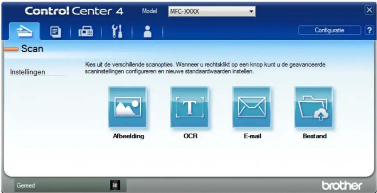 Control Center 4 Model MFC-XXXX Configuratie ? Scan Instellingen Kies uit de verschillende scanopties. Wanneer u rechtsklikt op een knop kunt u de geavanceerde scaninstellingen configureren en nieuwe standaardwaarden instellen. Afbeelding OCR E-mail Bestand Gereed BK brother