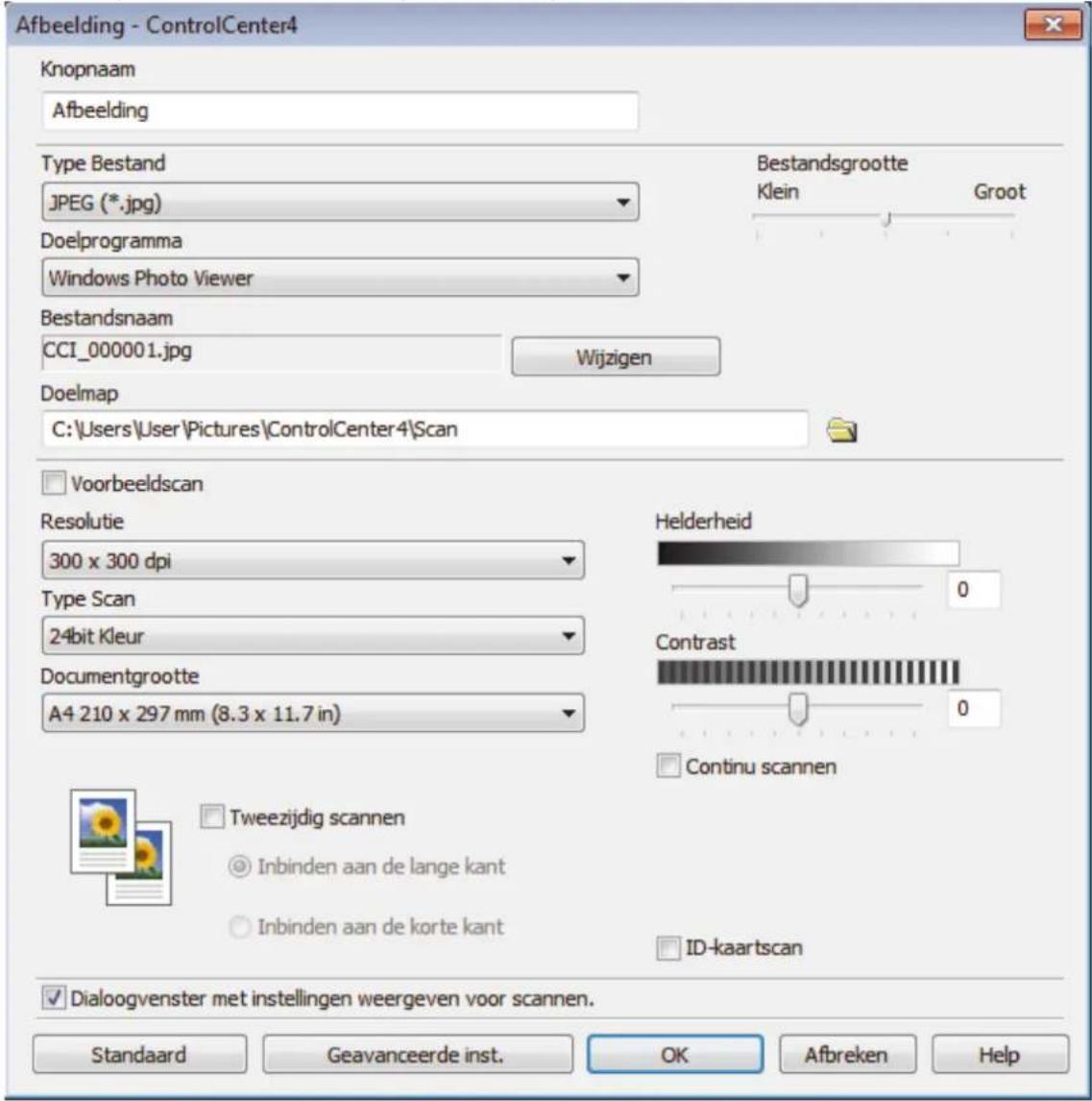 Afbeelding - ControlCenter4 Knopnaam Afbeelding Type Bestand JPEG (*.jpg) Doelprogramma Windows Photo Viewer Bestandsnaam CCI_000001.jpg Wijzigen Doelmap C:\Users\User\Pictures\ControlCenter4\Scan Voorbeeldscan Resolutie 300 x 300 dpi Type Scan 24bit Kleur Documentgrootte A4 210 x 297 mm (8.3 x 11.7 in) Helderheid Contrast Continu scannen Tweezijdig scannen Inbinden aan de lange kant Inbinden aan de korte kant ID-kaartscan Dialogoogvenster met instellingen weergeven voor scannen. Standaard Geavanceerde inst. OK Afbreken Help