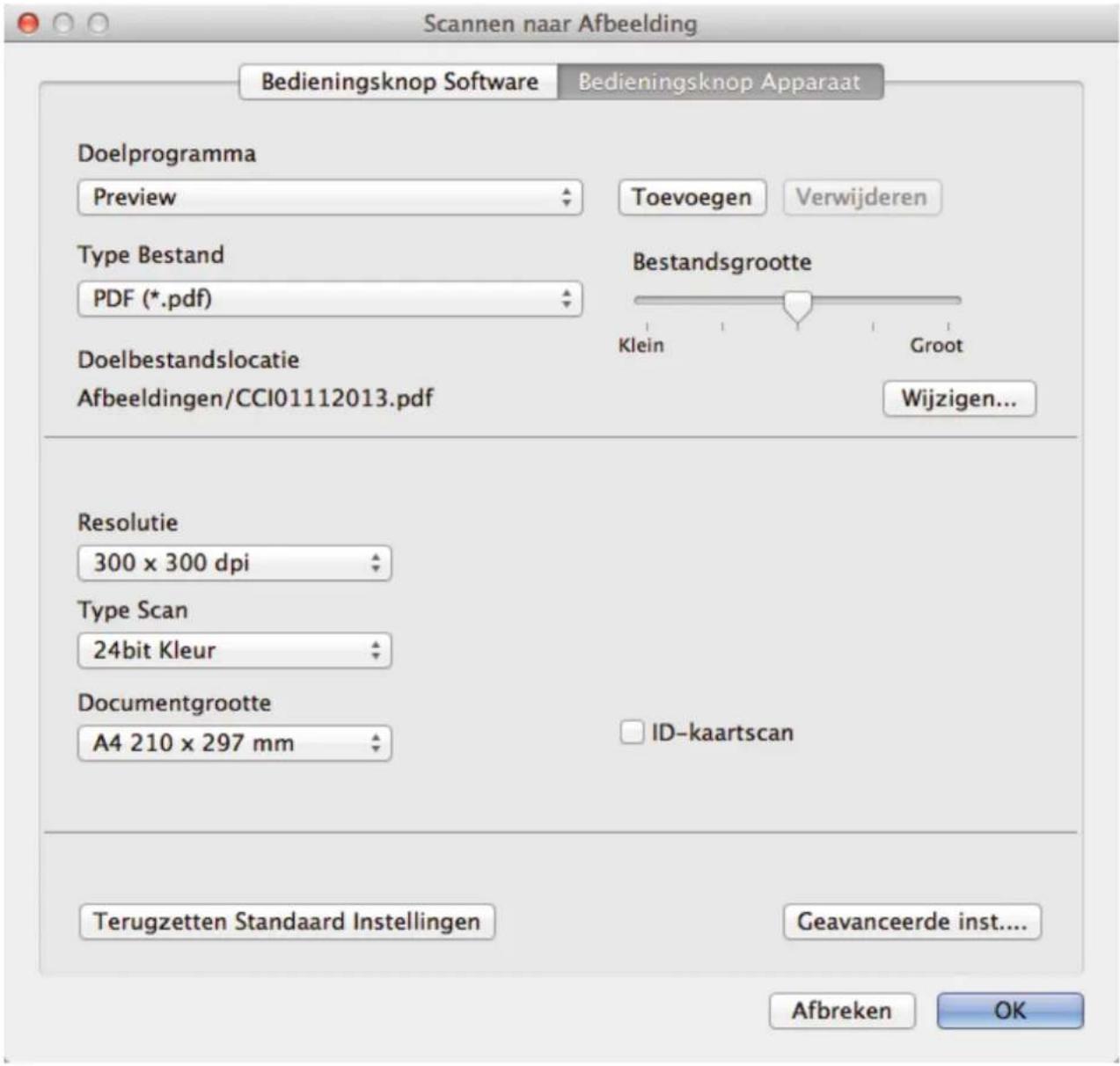 Scannen naar Afbeelding Bedieningsknop Software Bedieningsknop Apparaat Doelprogramma Preview Toevoegen Verwijderen Type Bestand Bestandsgrootte PDF (*.pdf) Klein Groot Doelbestandslocatie Wijzigen... Afbeeldingen/CCI01112013.pdf