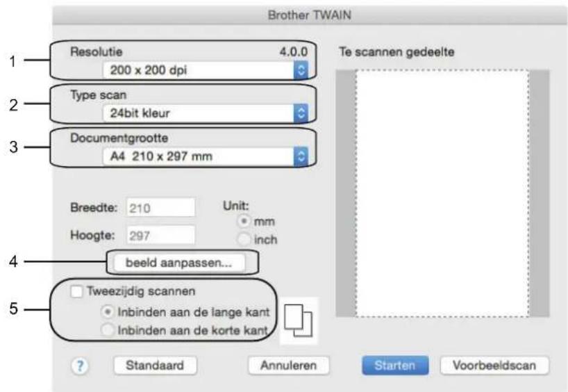 Brother TWAIN 1 Resolutie 4.0.0 200 x 200 dpi 2 Type scan 24bit kleur 3 Documentgrootte A4 210 x 297 mm 4 Breedte: 210 Unit: mm Hoogte: 297 inch beeld aanpassen... 5 Tweezijdig scannen Inbinden aan de lange kant Inbinden aan de korte kant ? Standaard Annuleren Starten Voorbeeldscan