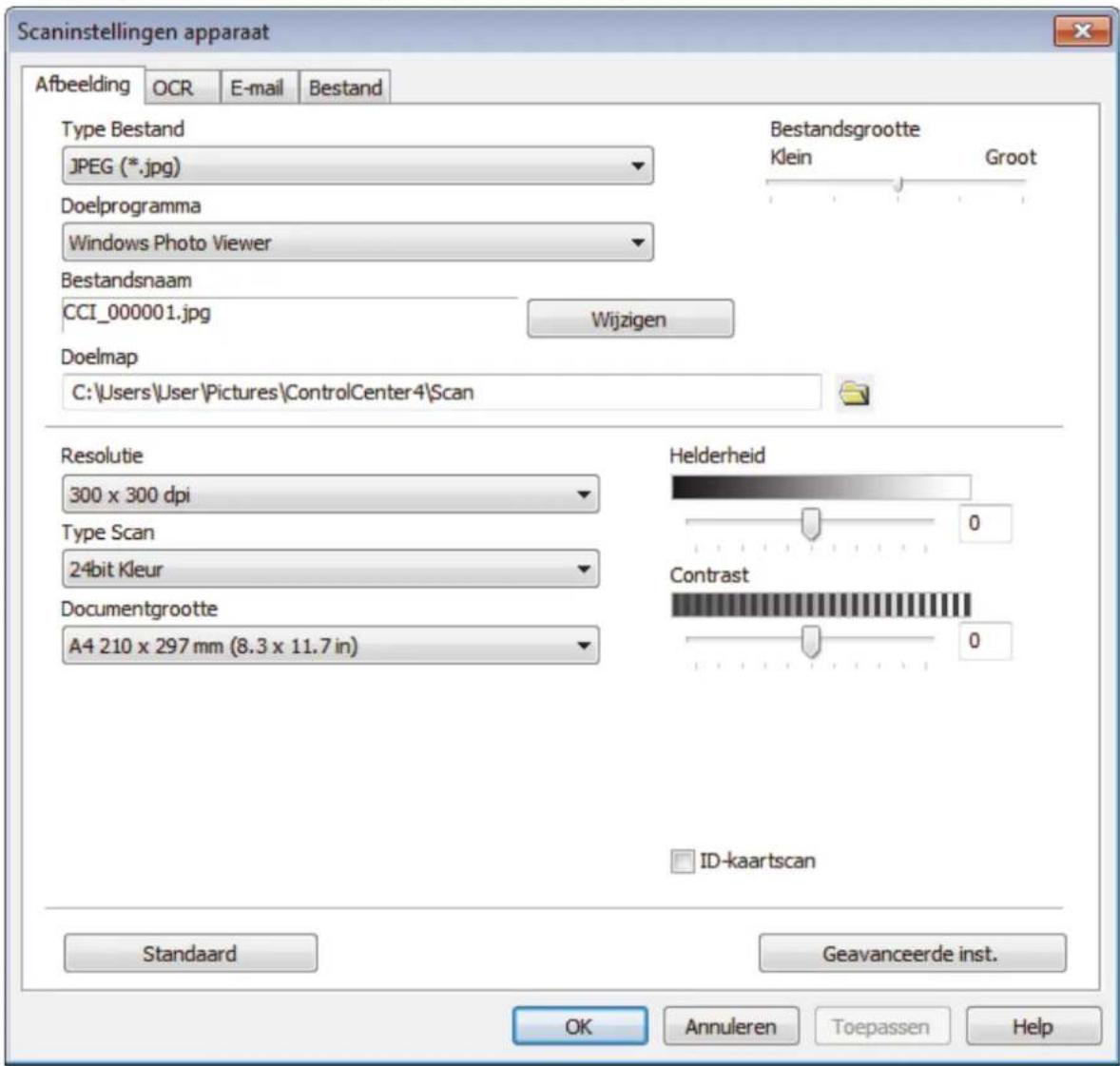 Scaninstellingen apparaat Afbeelding OCR E-mail Bestand Type Bestand JPEG (*.jpg) Bestandsgrootte Klein Groot Doelprogramma Windows Photo Viewer Bestandsnaam CCI_000001.jpg Wijzigen Doelmap C:\Users\User\Pictures\ControlCenter4\Scan Resolutie 300 x 300 dpi Helderheid Type Scan 0 24bit Kleur Contrast Documentgrootte A4 210 x 297 mm (8.3 x 11.7 in) 0 ID-kaartscan Standaard Geavanceerde inst. OK Annuleren Toepassen Help
