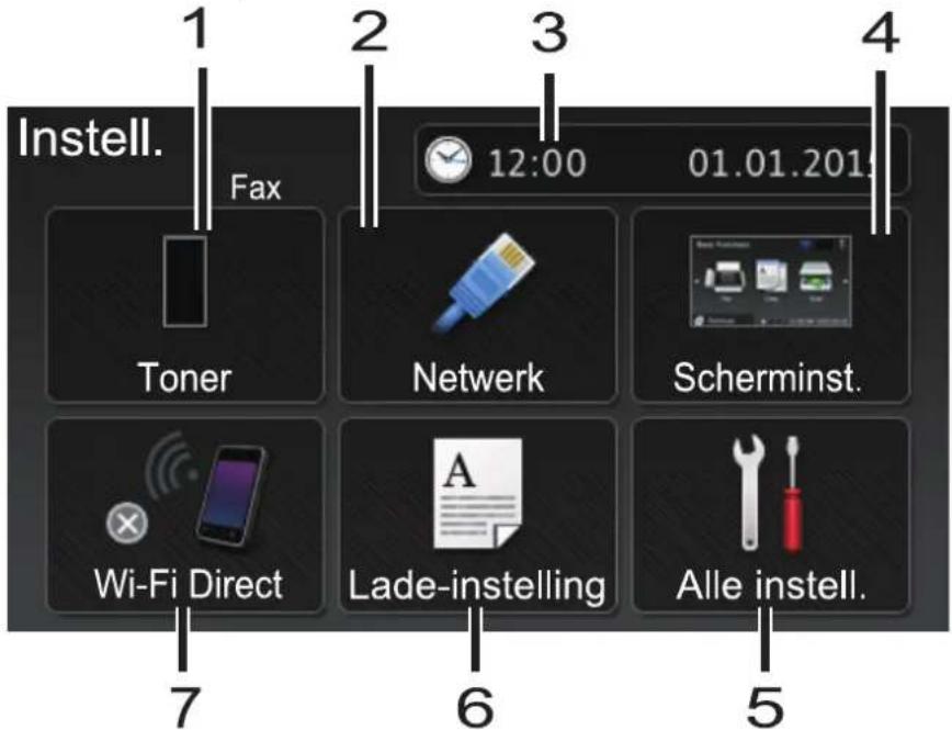 Instell. Fax 1 2 3 01.01.2019 Toner Netwerk Scherminst. Wi-Fi Direct Lade-instelling Alle instell.