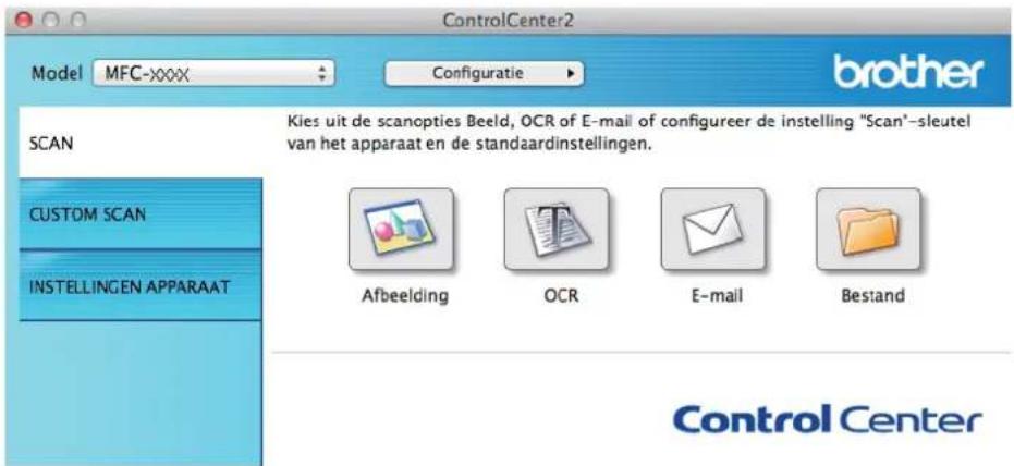 ControlCenter2 Model MFC-xxxx Configuratie brother SCAN Kies uit de scanopties Beeld, OCR of E-mail of configureer de instelling "Scan"-sleutel van het apparaat en de standaardinstellingen. CUSTOM SCAN INSTELLINGEN APPARAAT Afbeelding OCR E-mail Bestand Control Center