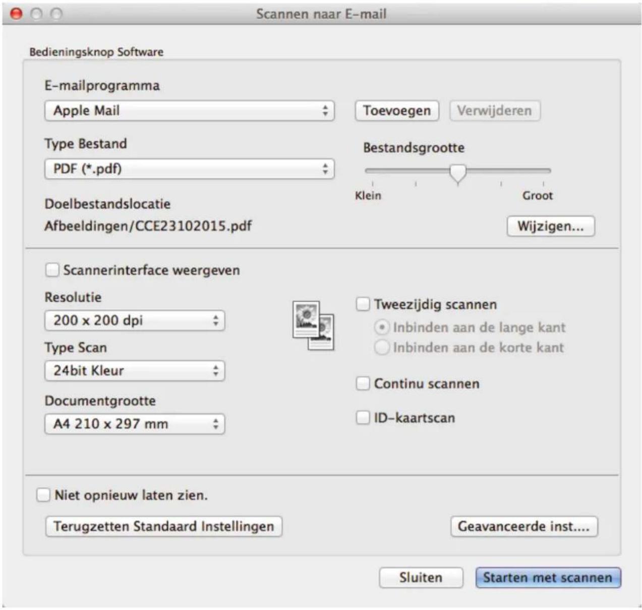 Scannen naar E-mail Bedieningsknop Software E-mailprogramma Apple Mail Type Bestand PDF (*.pdf) Doelbestandslocatie Afbeeldingen/CCE23102015.pdf Toevoegen Verwijderen Bestandsgrootte Klein Groot Wijzigen... Scannerinterface weergeven Resolutie 200 x 200 dpi Type Scan 24bit Kleur Documentgrootte A4 210 x 297 mm Tweezijdig scannen Inbinden aan de lange kant Inbinden aan de korte kant Continu scannen ID-kaartscan Niet opnieuw laten zien. Terugzetten Standaard Instellingen Geavanceerde inst.... Sluiten Starten met scannen