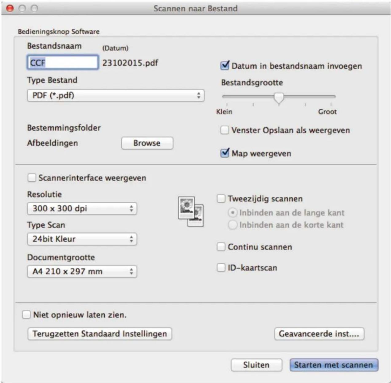 Scannen naar Bestand Bedieningsknop Software Bestandsnaam (Datum) CCF 23102015.pdf Type Bestand PDF (*.pdf) Bestemmingsfolder Abbeeldingen Browse Datum in bestandsnaam invoegen Bestandsgrootte Klein Groot Venster Opslaan als weergeven Map weergeven Scannerinterface weergeven Resolutie 300 x 300 dpi Type Scan 24bit Kleur Documentgrootte A4 210 x 297 mm Tweezijdig scannen Inbinden aan de lange kant Inbinden aan de korte kant Continu scannen ID-kaartscan Niet opnieuw laten zien. Terugzetten Standaard Instellingen Geavanceerde inst.... Sluiten Starten met scannen