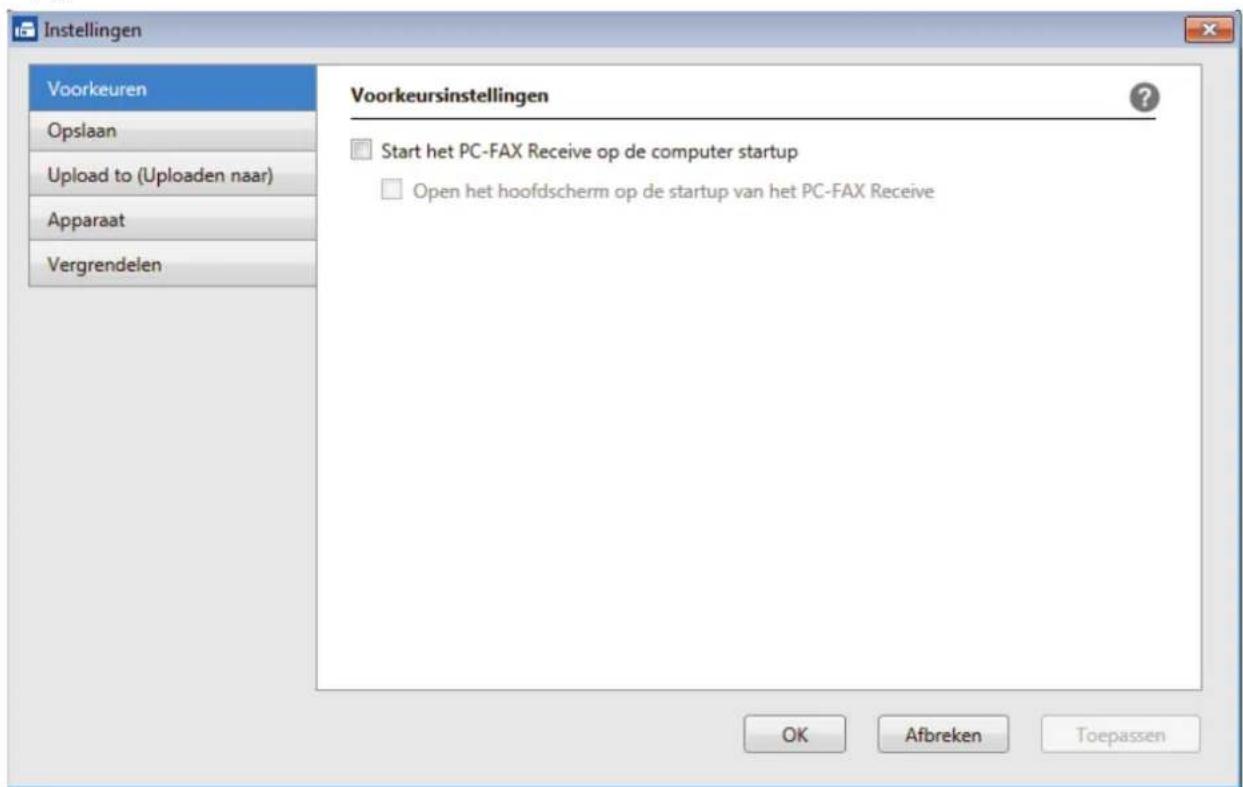 Voorkeuren Opslaan Upload to (Uploaden naar) Apparaat Vergrendelen Voorkeursinstellingen Start het PC-FAX Receive op de computer startup Open het hoofdschem op de startup van het PC-FAX Receive OK Abbreken Toepassen