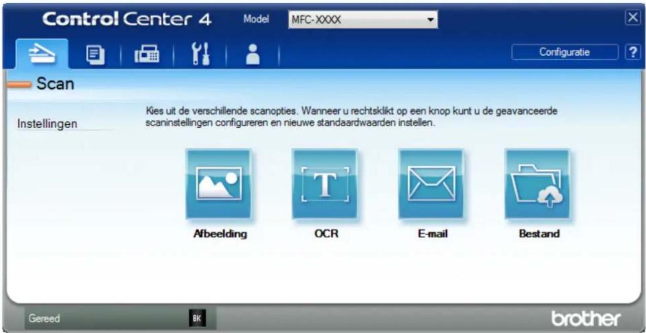 Control Center 4 Model MFC-XXXX Configuratie ? Scan Instellingen Kies uit de verschillende scanopties. Wanneer u rechtsklikt op een knop kunt u de geavanceerde scaninstellingen configureren en nieuwe standaardwaarden instellen. Afbeelding OCR E-mail Bestand Gereed BK brother