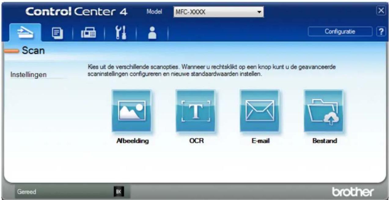 Control Center 4 Model MFC-XXXX Configuratie ? Scan Instellingen Kies uit de verschillende scanopties. Wanneer u rechtsklikt op een knop kunt u de geavanceerde scaninstellingen configureren en nieuwe standaardwaarden instellen. Afbeelding OCR E-mail Bestand Gereed BK brother