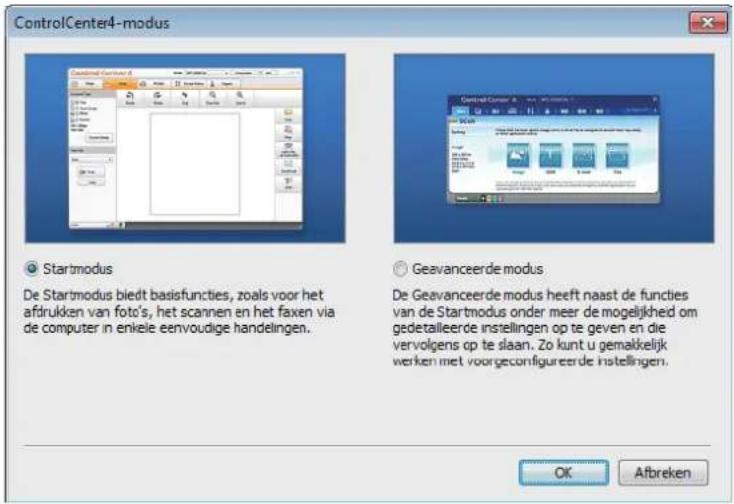ControlCenter4-modus Startmodus De Startmodus biedt basisfuncties, zoals voor het afdrukken van foto's, het scannen en het faxen via de computer in enkele eenvoudige handelingen. Geavanceerde modus De Geavanceerde modus heeft naast de functies van de Startmodus onder meer de mogelijkheid om gedetailleerde instellingen op te geven en die vervolgens op te slaan. Zo kunt u gemakkelijk werken met voorgeconfigureerde instellingen. OK Abbreken